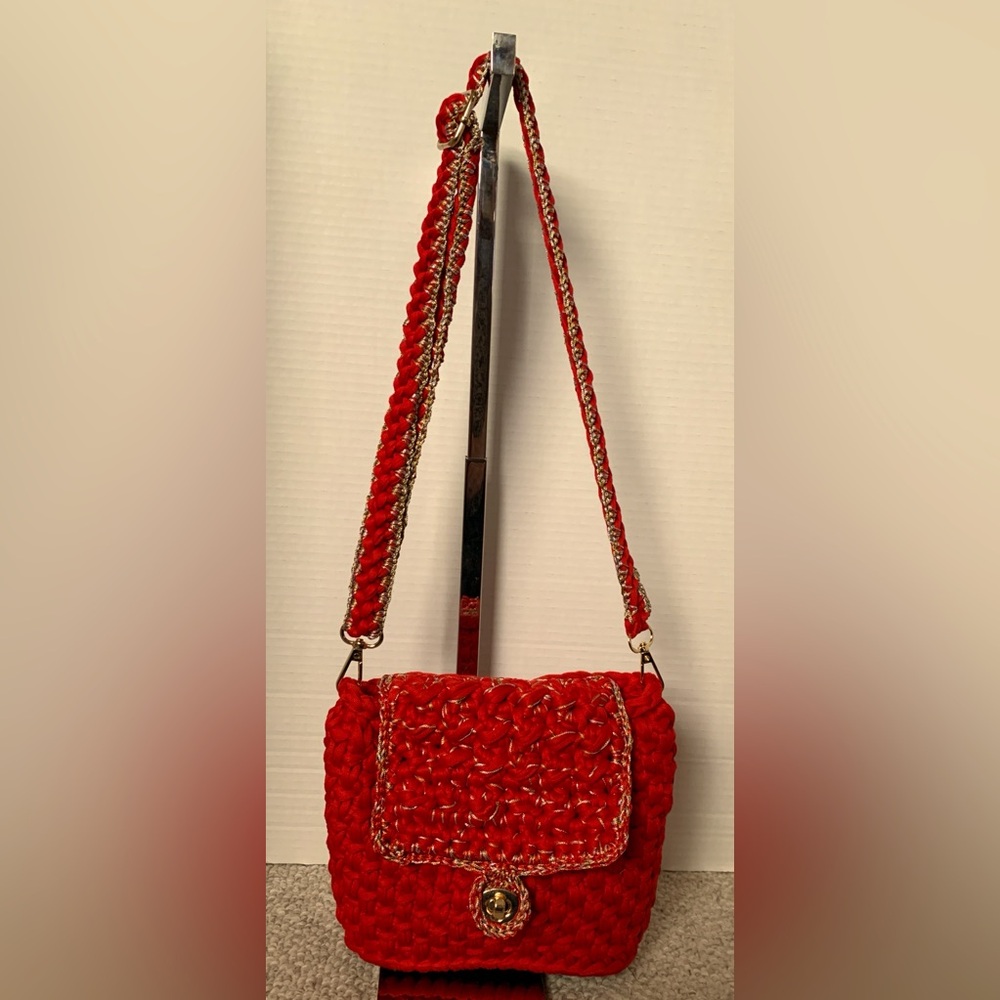 Crochet Bag Gold & Red Crossbody Purse Handmade Crocheted with Adjustable Strap